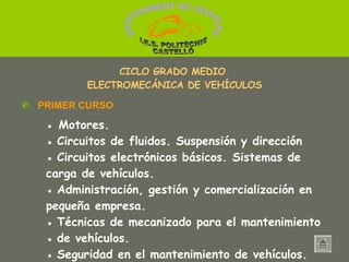 ●  Motores. ●   Circuitos de fluidos. Suspensión y dirección ●   Circuitos electrónicos básicos. Sistemas de  carga de vehículos. ●   Administración, gestión y comercialización en  pequeña empresa.  ●   Técnicas de mecanizado para el mantenimiento ●   de vehículos. ●   Seguridad en el mantenimiento de vehículos.  ●   Formación y orientación laboral. CICLO GRADO MEDIO  ELECTROMECÁNICA DE VEHÍCULOS PRIMER CURSO MANTENIMENT DE VEHICLES  I.E.S. POLITÈCNIC CASTELLÓ 