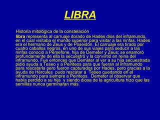 LIBRA    Historia mitológica de la constelación libra  representa al carruaje dorado de Hades dios del inframundo, en el cual visitaba el mundo superior para visitar a las ninfas. Hades era el hermano de Zeus y de Poseidón. El carruaje era tirado por cuatro caballos negros, en uno de sus viajes para seducir a las ninfas conoció a Persefone, hija de Demeter y Zeus; se enamoró profundamente de ella la secuestró y la convirtió en reina del inframundo. Fue entonces que Demeter al ver a su hija secuestrada pidió ayuda a Teseo y a Peiriteos para que fueran al inframundo para rescatarla pero fueron capturados por Hades, pero gracias a la ayuda de Hércules  pudo rescatar a  Teseo quedando en el inframundo para siempre a Peiriteos.  Demeter al observar que había perdido a su hija  y siendo diosa de la agricultura hizo que las semillas nunca germinaran más  