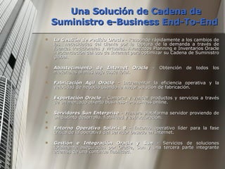 Una Solución de Cadena de Suministro e-Business End-To-End   La Gestión de Pedido Oracle  - Responde rápidamente a los cambios de las  necesidades del cliente por la captura de la demanda a través de fuentes tradicionales y virtuales. Avanzados Planning e Inventarios Oracle - Potenciación del uso de Internet para optimizar su Cadena de Suministro global. Abastecimiento de Internet Oracl e  - Obtención de todos los materiales al más bajo coste total.  Fabricación Agil Oracle  - Incrementar la eficiencia operativa y la velocidad de negocio usando la mejor solución de fabricación. Exportación Oracle  - Comprar y vender productos y servicios a través de un mercado abierto business-to-business online.  Servidores Sun Enterprise   - Primera plataforma servidor proviendo de un distinto desarrollo, fiabilidad y estructuración. Entorno Operativo Solaris 8  - Entorno operativo líder para la fase crítica de la operativa del servidor basado en Internet.  Gestión e Integración Oracle y Sun  - Servicios de soluciones totalmente aseguradas por Oracle, Sun y una tercera parte integrante además de una continua fiabilidad. 