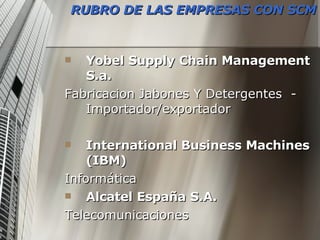 RUBRO DE LAS EMPRESAS CON SCM  Yobel Supply Chain Management S.a. Fabricacion Jabones Y Detergentes  -  Importador/exportador International Business Machines (IBM)  Informática Alcatel España S.A. Telecomunicaciones  