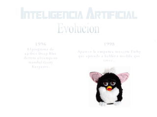 Evolucion 1996 El programa de ajedrez Deep Blue derrota al campeon mundial Garry Kasparov. 1998 Aparece la simpatica mascota Furby que aprende a hablar a medida que crece.. 