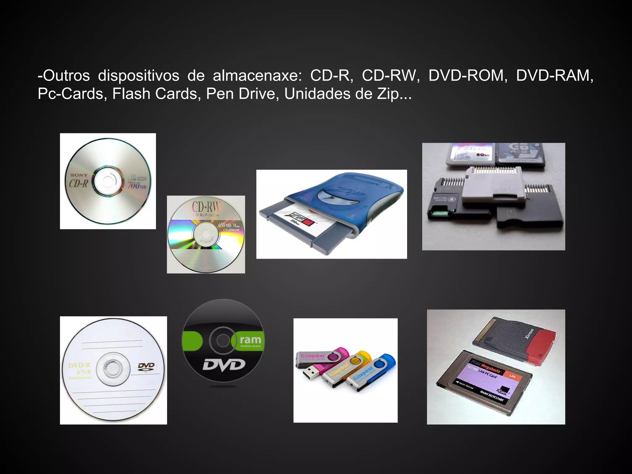 -Outros dispositivos de almacenaxe: CD-R, CD-RW, DVD-ROM, DVD-RAM,
Pc-Cards, Flash Cards, Pen Drive, Unidades de Zip...
 