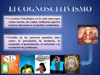  Corriente Psicológica en la cual convergen
  varias teorías, las cuales realizaron aportes
  teóricos alternativos al modelo conductista.



 Estudio de los procesos mentales tales
  como: la percepción, la memoria, la
  sensación, el pensamiento, el raciocinio y la
  resolución de problemas.


                          ¿Que Abra De
                           Comer ?...
 