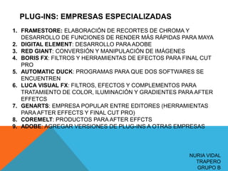 NURIA VIDAL
TRAPERO
GRUPO B
PLUG-INS: EMPRESAS ESPECIALIZADAS
1. FRAMESTORE: ELABORACIÓN DE RECORTES DE CHROMA Y
DESARROLLO DE FUNCIONES DE RENDER MÁS RÁPIDAS PARA MAYA
2. DIGITAL ELEMENT: DESARROLLO PARA ADOBE
3. RED GIANT: CONVERSIÓN Y MANIPULACIÓN DE IMÁGENES
4. BORIS FX: FILTROS Y HERRAMIENTAS DE EFECTOS PARA FINAL CUT
PRO
5. AUTOMATIC DUCK: PROGRAMAS PARA QUE DOS SOFTWARES SE
ENCUENTREN
6. LUCA VISUAL FX: FILTROS, EFECTOS Y COMPLEMENTOS PARA
TRATAMIENTO DE COLOR, ILUMINACIÓN Y GRADIENTES PARA AFTER
EFFETCS
7. GENARTS: EMPRESA POPULAR ENTRE EDITORES (HERRAMIENTAS
PARA AFTER EFFECTS Y FINAL CUT PRO)
8. COREMELT: PRODUCTOS PARA AFTER EFFCTS
9. ADOBE: AGREGAR VERSIONES DE PLUG-INS A OTRAS EMPRESAS
 