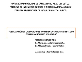 UNIVERSIDAD NACIONAL DE SAN ANTONIO ABAD DEL CUSCO
FACULTAD DE INGENIERIA QUIMICA E INGENIERIA METALURGICA
CARRERA PROFESIONAL DE INGENIERIA METALURGICA
TESIS PRESENTADO POR:
Br. María Antonieta Catacora Alfaro
Br. Miluska Triveño Huamanñahui
Asesor: Ing. Eduardo Quispe Nina
“DEGRADACIÓN DE LAS SOLUCIONES BARREN EN LA CIANURACIÓN DEL ORO
CON PERMANGANATO DE POTASIO”
 