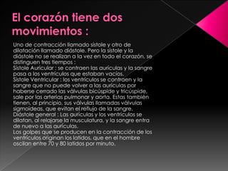 Uno de contracción llamado sístole y otro de
dilatación llamado diástole. Pero la sístole y la
diástole no se realizan a la vez en todo el corazón, se
distinguen tres tiempos :
Sístole Auricular : se contraen las aurículas y la sangre
pasa a los ventrículos que estaban vacíos.
Sístole Ventricular : los ventrículos se contraen y la
sangre que no puede volver a las aurículas por
haberse cerrado las válvulas bicúspide y tricúspide,
sale por las arterias pulmonar y aorta. Estas también
tienen, al principio, sus válvulas llamadas válvulas
sigmoideas, que evitan el reflujo de la sangre.
Diástole general : Las aurículas y los ventrículos se
dilatan, al relajarse la musculatura, y la sangre entra
de nuevo a las aurículas.
Los golpes que se producen en la contracción de los
ventrículos originan los latidos, que en el hombre
oscilan entre 70 y 80 latidos por minuto.
 