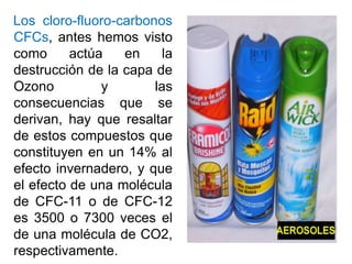 Los cloro-fluoro-carbonos
CFCs, antes hemos visto
como actúa en la
destrucción de la capa de
Ozono y las
consecuencias que se
derivan, hay que resaltar
de estos compuestos que
constituyen en un 14% al
efecto invernadero, y que
el efecto de una molécula
de CFC-11 o de CFC-12
es 3500 o 7300 veces el
de una molécula de CO2,
respectivamente.
 
