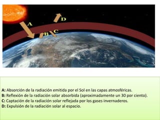 A: Absorción de la radiación emitida por el Sol en las capas atmosféricas.
B: Reflexión de la radiación solar absorbida (aproximadamente un 30 por ciento).
C: Captación de la radiación solar reflejada por los gases invernaderos.
D: Expulsión de la radiación solar al espacio.
 