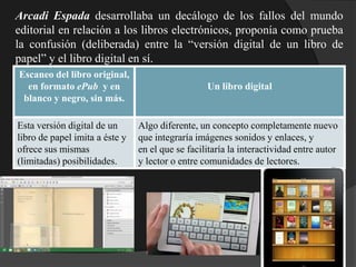 Arcadi Espada desarrollaba un decálogo de los fallos del mundo
editorial en relación a los libros electrónicos, proponía como prueba
la confusión (deliberada) entre la “versión digital de un libro de
papel” y el libro digital en sí.
Escaneo del libro original,
en formato ePub y en
blanco y negro, sin más.
Un libro digital
Esta versión digital de un
libro de papel imita a éste y
ofrece sus mismas
(limitadas) posibilidades.
Algo diferente, un concepto completamente nuevo
que integraría imágenes sonidos y enlaces, y
en el que se facilitaría la interactividad entre autor
y lector o entre comunidades de lectores.
 