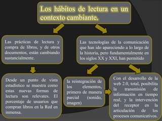 Los hábitos de lectura en un
contexto cambiante.
Las prácticas de lectura y
compra de libros, y de otros
documentos, están cambiando
sustancialmente.
Desde un punto de vista
estadístico se muestra como
estas nuevas formas de
lectura son relevates. El
porcentaje de usuarios que
compran libros en la Red en
inmensa.
Las tecnologías de la comunicación
que han ido apareciendo a lo largo de
la historia, pero fundamentalmente en
los siglos XX y XXI, han permitido
la reintegración de
los elementos,
primero de manera
parcial (sonido,
imagen)
Con el desarrollo de la
web 2.0, total, posibilita
la transmisión de
información en tiempo
real, y la intervención
del receptor en la
articulación de los
procesos comunicativos.
 