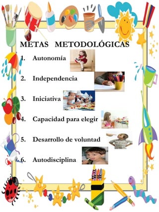 METAS METODOLÓGICAS
1. Autonomía
2. Independencia
3. Iniciativa
4. Capacidad para elegir
5. Desarrollo de voluntad
6. Autodisciplina
 