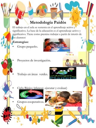 Metodología Paidós
El trabajo en el aula se sustenta en el aprendizaje activo y
significativo. La base de la educación es el aprendizaje activo y
significativo. Tiene como premisa trabajar a partir de interés de
los alumnos
Estrategias:
• Grupo pequeño.
• Proyectos de investigación.
• Trabajo en áreas verdes.
• Ciclo Básico (planear, ejecutar y evaluar)
• Grupos cooperativos.
 