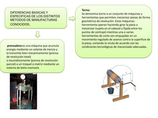 DIFERENCIAS BASICAS Y
ESPECIFICAS DE LOS DISTINTOS
METODOS DE MANUFACTURAS
CONOCIDOS.
Torno:
Se denomina torno a un conjunto de máquinas y
herramientas que permiten mecanizar piezas de forma
geométrica de revolución. Estas máquinas-
herramienta operan haciendo girar la pieza a
mecanizar (sujeta en el cabezal o fijada entre los
puntos de centraje) mientras una o varias
herramientas de corte son empujadas en un
movimiento regulado de avance contra la superficie de
la pieza, cortando la viruta de acuerdo con las
condiciones tecnológicas de mecanizado adecuadas.prensadora es una máquina que acumula
energía mediante un volante de inercia y
la transmite bien mecánicamente (prensa
de revolución total)
o neumáticamente (prensa de revolución
parcial) a un troquel o matriz mediante un
sistema de biela-manivela.
 