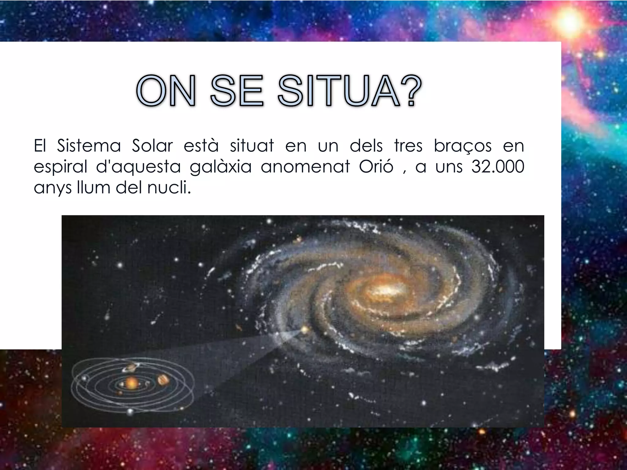 El Sistema Solar està situat en un dels tres braços en
espiral d'aquesta galàxia anomenat Orió , a uns 32.000
anys llum del nucli.

 