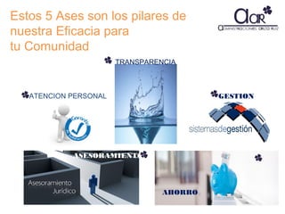 Estos 5 Ases son los pilares de
nuestra Eficacia para
tu Comunidad
TRANSPARENCIA

ATENCION PERSONAL

GESTION

ASESORAMIENTO

AHORRO

 
