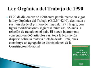 

El 20 de diciembre de 1990 entra parcialmente en vigor
la Ley Orgánica del Trabajo (G.O.Nº 4240), destinada a
sustituir desde el primero de mayo de 1991 la que, con
ligera modificaciones, rigiera durante casi 55 años la
relación de trabajo en el país. El nuevo instrumento
concentro en 665 artículos casi toda la legislación
dispersa sobre la materia dictada desde 1936, pues
constituye un agregado de disposiciones de la
Constitución Nacional

 