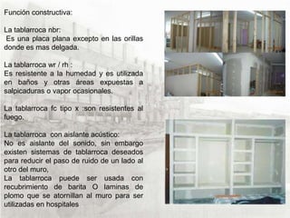 Función constructiva:
La tablarroca nbr:
Es una placa plana excepto en las orillas
donde es mas delgada.
La tablarroca wr / rh :
Es resistente a la humedad y es utilizada
en baños y otras áreas expuestas a
salpicaduras o vapor ocasionales.
La tablarroca fc tipo x :son resistentes al
fuego.
La tablarroca con aislante acústico:
No es aislante del sonido, sin embargo
existen sistemas de tablarroca deseados
para reducir el paso de ruido de un lado al
otro del muro,
La tablarroca puede ser usada con
recubrimiento de barita O laminas de
plomo que se atornillan al muro para ser
utilizadas en hospitales .

 