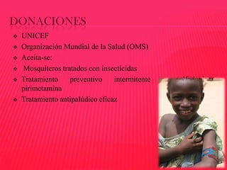 DONACIONES









UNICEF
Organización Mundial de la Salud (OMS)
Aceita-se:
Mosquiteros tratados con insecticidas
Tratamiento
preventivo
intermitente
pirimetamina
Tratamiento antipalúdico eficaz

:

sulfadoxina-

 
