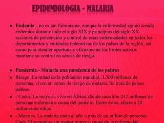EPIDEMIOLOGIA - MALARIA


Endemia.- no es tan fulminante, aunque la enfermedad siguió siendo
endémica durante todo el siglo XIX y principios del siglo XX.
acciones de prevención y control de estas enfermedades en todos los
departamentos y entidades federativas de los países de la región, así
como para atender oportuna y eficazmente los brotes activos
mantiene su control en aéreas de riesgo.



Pandemia.- Malaria una pandemia de los pobres
Riesgo. La mitad de la población mundial, 3.300 millones de
personas, viven en zonas de riesgo de malaria. Se trata de países
pobres.
- Casos. La mayoría vive en África, donde cada año 212 millones de
personas enferman a causa del parásito. Entre éstos, afecta a 20
millones de niños.
- Muertes. La malaria mata al año a más de un millón de personas.







 