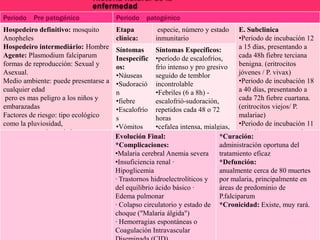 Historia natural de la
enfermedad
Periodo Pre patogénico

Periodo patogénico

Hospedeiro definitivo: mosquito
Anopheles
Hospedeiro intermediário: Hombre
Agente: Plasmodium falciparum
formas de reproducción: Sexual y
Asexual.
Medio ambiente: puede presentarse a
cualquier edad
pero es mas peligro a los niños y
embarazadas
Factores de riesgo: tipo ecológico
como la pluviosidad,
temperatura y humedad; aspectos
socio demográficos
y culturales. 40 espécies transmite
El plasmodium

Etapa
clínica:

especie, número y estado
inmunitario

E. Subclinica
•Periodo de incubación 12
a 15 días, presentando a
Síntomas
Síntomas Específicos:
cada 48h fiebre terciana
Inespecífic •período de escalofríos,
benigna. (eritrocitos
os:
frío intenso y pro gresivo
jóvenes / P. vivax)
•Náuseas
seguido de temblor
•Periodo de incubación 18
•Sudoració incontrolable
a 40 días, presentando a
n
•Febriles (6 a 8h) cada 72h fiebre cuartana.
•fiebre
escalofrió-sudoración,
(eritrocitos viejos/ P.
•Escalofrío repetidos cada 48 o 72
malariae)
s
horas
•Vómitos
•cefalea intensa, mialgias, •Periodo de incubación 11
•Dolor
artralgias, náuseas, vómito a 14 días, presenta cada
Evolución Final:
*Curación:
36-48h fiebre terciana
muscular
y malestar general
*Complicaciones:
administración oportuna del
maligna.(Hematíes/
•período asintomático tratamiento eficaz
•Malaria cerebral Anemia severa
P.Falciparum)
•Insuficiencia renal ·
*Defunción:
Hipoglicemia
anualmente cerca de 80 muertes
· Trastornos hidroelectrolíticos y
por malaria, principalmente en
del equilibrio ácido básico ·
áreas de predominio de
Edema pulmonar
P.falciparum
· Colapso circulatorio y estado de *Cronicidad: Existe, muy rará.
choque ("Malaria álgida")
· Hemorragias espontáneas o
Coagulación Intravascular

 