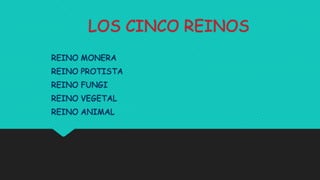 LOS CINCO REINOS
REINO MONERA
REINO PROTISTA
REINO FUNGI

REINO VEGETAL
REINO ANIMAL

 