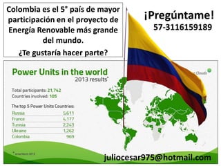 Colombia es el 5° país de mayor
participación en el proyecto de
Energía Renovable más grande
del mundo.
¿Te gustaría hacer parte?

¡Pregúntame!
57-3116159189

juliocesar975@hotmail.com

 