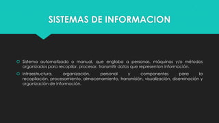 SISTEMAS DE INFORMACION

 Sistema automatizado o manual, que engloba a personas, máquinas y/o métodos
organizados para recopilar, procesar, transmitir datos que representan información.
 Infraestructura,
organización,
personal
y
componentes
para
la
recopilación, procesamiento, almacenamiento, transmisión, visualización, diseminación y
organización de información.

 