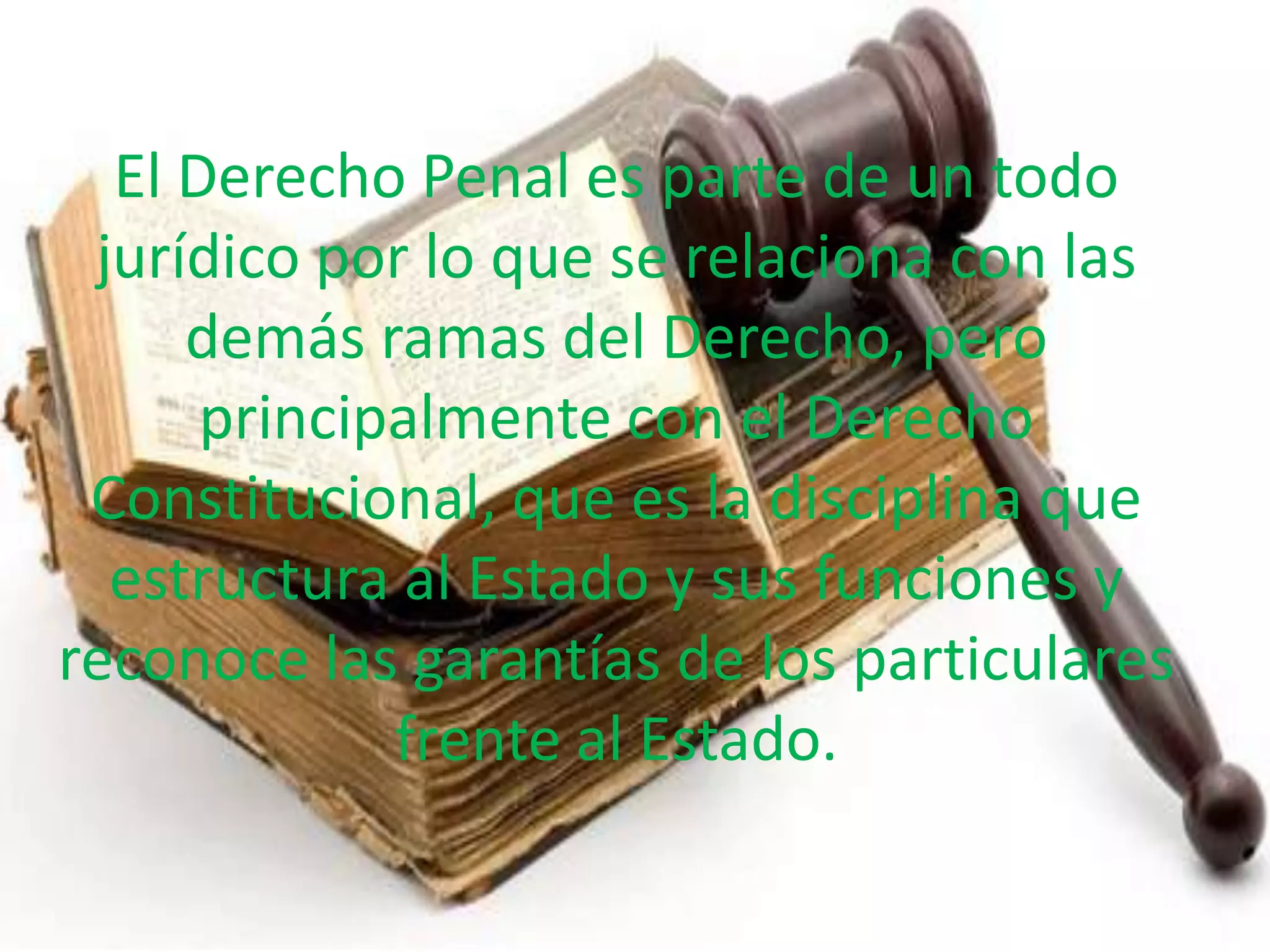 El Derecho Penal es parte de un todo
jurídico por lo que se relaciona con las
demás ramas del Derecho, pero
principalmente con el Derecho
Constitucional, que es la disciplina que
estructura al Estado y sus funciones y
reconoce las garantías de los particulares
frente al Estado.

 