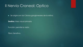 II Nervio Craneal: Optico


Se origina en las Células gangloneares de la retina.

Destino: Área visual primaria
Función: permite la visión
Fibra: Sensitiva.

 