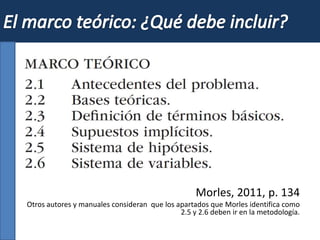 Morles, 2011, p. 134
Otros autores y manuales consideran que los apartados que Morles identifica como
2.5 y 2.6 deben ir en la metodología.
 