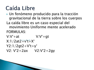  Un fenómeno producido para la tracción
gravitacional de la tierra sobre los cuerpos
La caída libre es un caso especial del
movimiento Uniforme mente acelerado
FORMULAS:
V:V°+at V:V°+gt
X:1/2at2+v°t+X°
Y2:1/2gt2+V°t+y°
V2: V°2+2ax V2:V°2+2gy
 