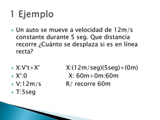  Un auto se mueve a velocidad de 12m/s
constante durante 5 seg. Que distancia
recorre ¿Cuánto se desplaza si es en línea
recta?
 X:V°t+X° X:(12m/seg)(5seg)+(0m)
 X°:0 X: 60m+0m:60m
 V:12m/s R/ recorre 60m
 T:5seg
 