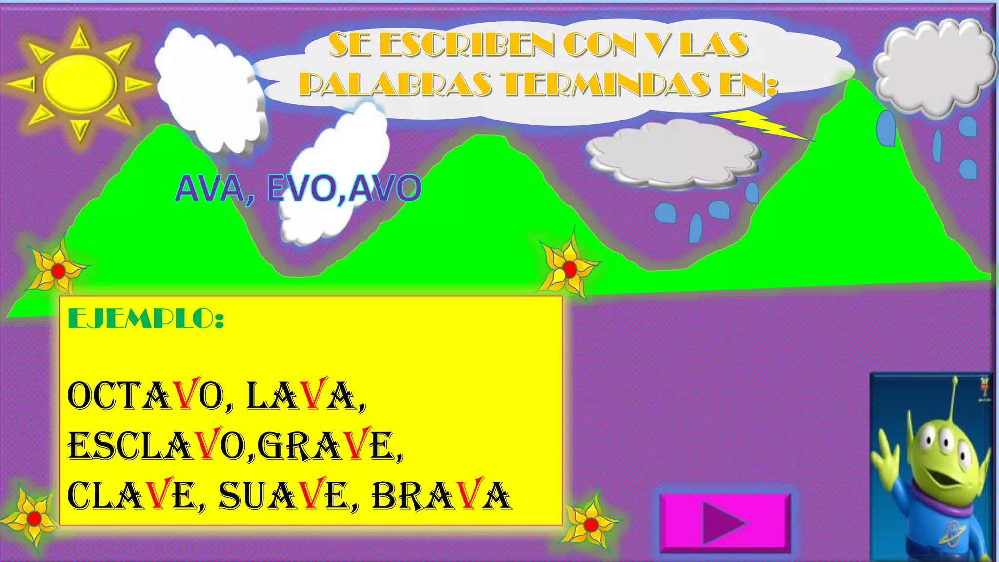 EJEMPLO:
OCTAVO, LAVA,
ESCLAVO,GRAVE,
CLAVE, SUAVE, BRAVA
