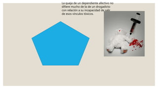 La queja de un dependiente afectivo no
difiere mucho de la de un drogadicto
con relación a su incapacidad de salir
de esos vínculos tóxicos.
 