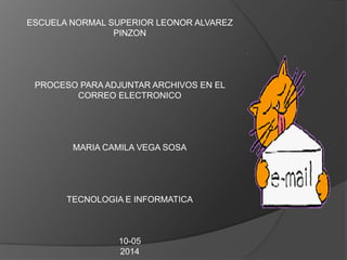 ESCUELA NORMAL SUPERIOR LEONOR ALVAREZ
PINZON
PROCESO PARA ADJUNTAR ARCHIVOS EN EL
CORREO ELECTRONICO
MARIA CAMILA VEGA SOSA
TECNOLOGIA E INFORMATICA
10-05
2014
 