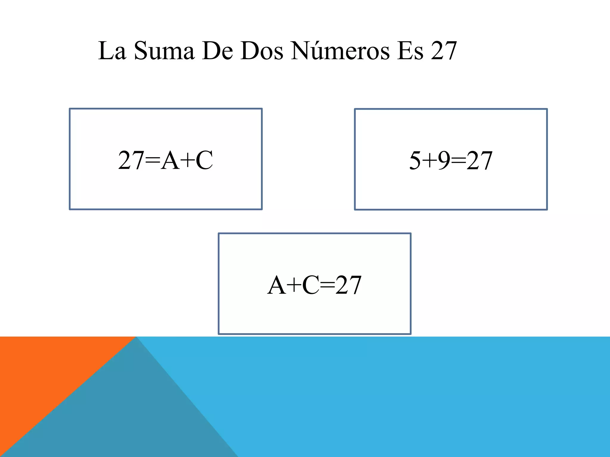 La Suma De Dos Números Es 27 
27=A+C 
A+C=27 
5+9=27 
 