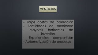 VENTAJAS 
– Bajos costos de operación 
– Facilidades de monitoreo 
– Mayores horizontes de 
inversión 
– Experiencias compartidas 
– Automatización de procesos 
 