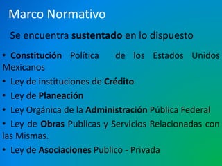 Marco Normativo 
Se encuentra sustentado en lo dispuesto 
• Constitución Política de los Estados Unidos 
Mexicanos 
• Ley de instituciones de Crédito 
• Ley de Planeación 
• Ley Orgánica de la Administración Pública Federal 
• Ley de Obras Publicas y Servicios Relacionadas con 
las Mismas. 
• Ley de Asociaciones Publico - Privada 
 