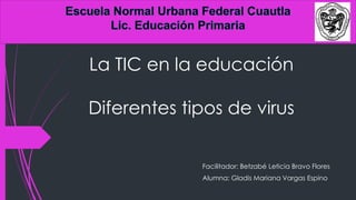 La TIC en la educación Diferentes tipos de virus 
Facilitador: Betzabé Leticia Bravo Flores 
Alumna: Gladis Mariana Vargas Espino  