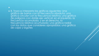 
 8. Traza e interpreta las gráficas siguientes: Una
gráfica de barras con la frecuencia absoluta; una
gráfica circular con la frecuencia relativa; una gráfica
de polígono con doble eje vertical: en el izquierdo, la
frecuencia acumulada, y en el derecho, la
frecuencia relativa acumulada; una gráfica radial
con los datos que consideres apropiados; una gráfica
de cajas y bigotes
 