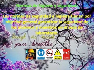 Normas de higiene y seguridad:
Las normas de seguridad e higiene tienen por
objetivo general garantizar la seguridad de
los alumnos y maestros en el aula de
laboratorio.
 