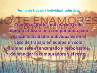 Forma de trabajo ( individual, colectiva)
Cuando el profesor lo decida cada
alumno utilizara una computadora para
realizar actividades individuales en el
caso de trabajo en equipo un solo
alumno será el encargado y responsable
de manejar la computadora y el resto.
 