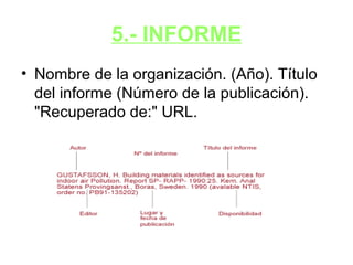 5.- INFORME
• Nombre de la organización. (Año). Título
del informe (Número de la publicación).
"Recuperado de:" URL.
 
