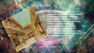 Ellos prefieren una distribución
perimetral, donde los grandes muros
de paramento ciclópeo rodean la
ciudad. Muchos de sus elementos
arquitectónicos tuvieron ascendiente
minoico como la columna, el
revestimiento de los muros de
mampostería, con paramentos
estucados y pintados al fresco, cuya
técnica era minoica pero los temas
fueron de gusto micénicos.
ARQUITECTURA MICENICA
 