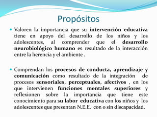 Propósitos
 Valoren la importancia que su intervención educativa
tiene en apoyo del desarrollo de los niños y los
adolescentes, al comprender que el desarrollo
neurobiológico humano es resultado de la interacción
entre la herencia y el ambiente .
 Comprendan los procesos de conducta, aprendizaje y
comunicación como resultado de la integración de
procesos sensoriales, perceptuales, afectivos , en los
que intervienen funciones mentales superiores y
reflexionen sobre la importancia que tiene este
conocimiento para su labor educativa con los niños y los
adolescentes que presentan N.E.E. con o sin discapacidad.
 
