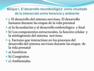 Bloque I. El desarrollo neurobiológico como resultado
de la interacción entre herencia y ambiente
 1. El desarrollo del sistema nervioso. El desarrollo
humano durante las etapas de la vida prenatal
 a) la fecundación y el desarrollo embriológico y fetal
 b) Los componentes estructurales, la función celular y
la mielogénesis del sistema nervioso.
 2. Factores que interactúan en los procesos del
desarrollo del sistema nervioso durante las etapas de
la vida prenatal
 a) Genéticos
 b) Congénitos
 c) Ambientales
 