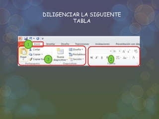 DILIGENCIAR LA SIGUIENTE
TABLA
1
3 2
 