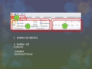 1. BARRA DE MENÚS
2. BARRA DE
FUENTE
3.BARRA
DIAPOSITIVAS
23
1
 