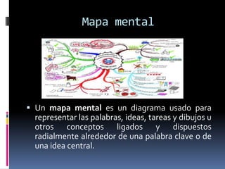 Mapa mental
 Un mapa mental es un diagrama usado para
representar las palabras, ideas, tareas y dibujos u
otros conceptos ligados y dispuestos
radialmente alrededor de una palabra clave o de
una idea central.
 