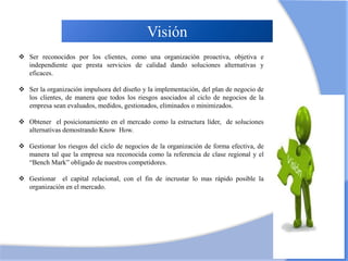 Visión
 Ser reconocidos por los clientes, como una organización proactiva, objetiva e
independiente que presta servicios de calidad dando soluciones alternativas y
eficaces.
 Ser la organización impulsora del diseño y la implementación, del plan de negocio de
los clientes, de manera que todos los riesgos asociados al ciclo de negocios de la
empresa sean evaluados, medidos, gestionados, eliminados o minimizados.
 Obtener el posicionamiento en el mercado como la estructura líder, de soluciones
alternativas demostrando Know How.
 Gestionar los riesgos del ciclo de negocios de la organización de forma efectiva, de
manera tal que la empresa sea reconocida como la referencia de clase regional y el
“Bench Mark” obligado de nuestros competidores.
 Gestionar el capital relacional, con el fin de incrustar lo mas rápido posible la
organización en el mercado.
 